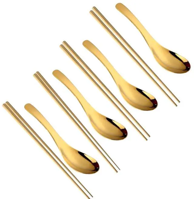 Main image of Metal Soup Spoons and Chopsticks Set for 4 People, Reusable Stainless Steel Ramen Short Handle Spoon Set Asian, Christmas Gift Dishwasher Safe (Gold)