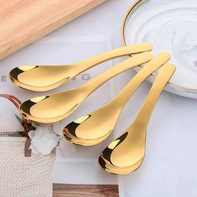Alt view image 2 of 7 - Metal Soup Spoons and Chopsticks Set for 4 People, Reusable Stainless Steel Ramen Short Handle Spoon Set Asian, Christmas Gift Dishwasher Safe (Gold)