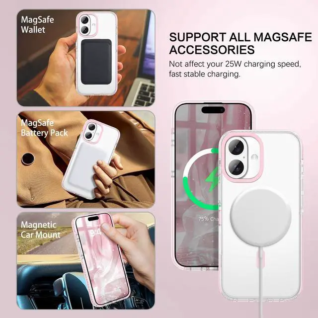 Alt view image 2 of 7 - Magnetic for iPhone 16 Case 6.1", Compatible with Magsafe Military Shockproof Protective Bumper Cute Transparent Slim Anti-Yellowing Phone Case for iPhone 16 Cover, Clear Pink