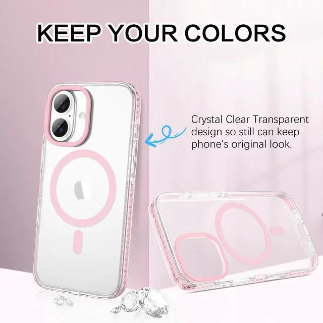 Alt view image 4 of 7 - Magnetic for iPhone 16 Case 6.1", Compatible with Magsafe Military Shockproof Protective Bumper Cute Transparent Slim Anti-Yellowing Phone Case for iPhone 16 Cover, Clear Pink
