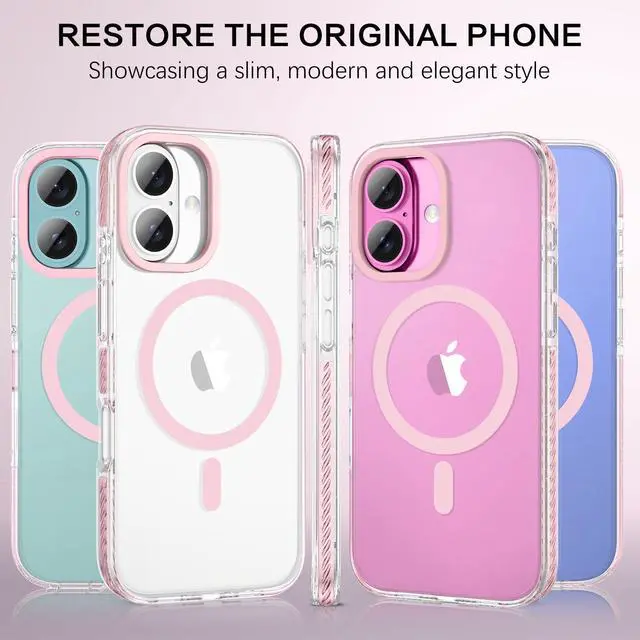 Alt view image 5 of 7 - Magnetic for iPhone 16 Case 6.1", Compatible with Magsafe Military Shockproof Protective Bumper Cute Transparent Slim Anti-Yellowing Phone Case for iPhone 16 Cover, Clear Pink