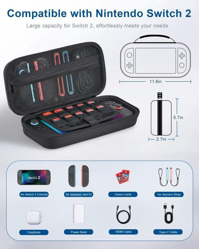 Alt view image 2 of 7 - Case with Tempered Glass Screen Protector for Nintendo Switch 2, 10 Game Cartridges and Large Capacity for Accessories, Portable Hard Shell Handheld Travel Protective Pouch