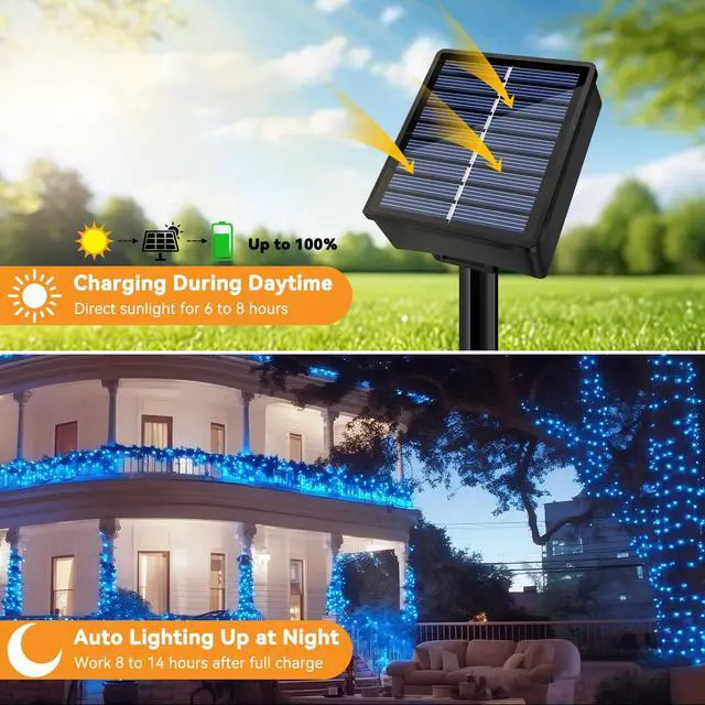 Alt view image 4 of 7 - Solar String Lights Outdoor Waterproof 2 Pack Total 66ft 200LED Blue