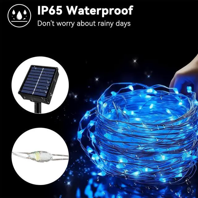 Alt view image 5 of 7 - Solar String Lights Outdoor Waterproof 2 Pack Total 66ft 200LED Blue