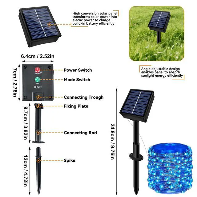 Alt view image 7 of 7 - Solar String Lights Outdoor Waterproof 2 Pack Total 66ft 200LED Blue
