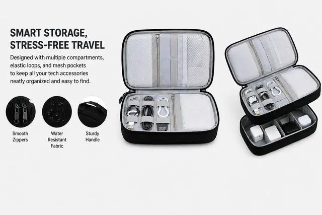 Alt view image 5 of 7 - Electronic Organizer Travel Essentials Case, Waterproof Double Layer Cable Storage Pouch Bag for Charger, USB Cords, Power Bank, Phone Mouse SD Card Earphone Camera, Tablet (Up to 11 inch)