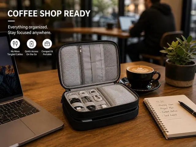 Alt view image 7 of 7 - Electronic Organizer Travel Essentials Case, Waterproof Double Layer Cable Storage Pouch Bag for Charger, USB Cords, Power Bank, Phone Mouse SD Card Earphone Camera, Tablet (Up to 11 inch)