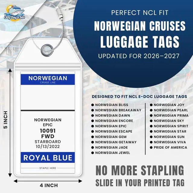 Alt view image 2 of 7 - Line Luggage Tag Holders (4 Pack) - fits NCL Print at Home Tags 2026-2027 sailings. Clear Waterproof PVC with Steel Loop Fasteners. Cruise Essentials