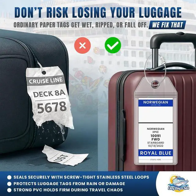 Alt view image 3 of 7 - Line Luggage Tag Holders (4 Pack) - fits NCL Print at Home Tags 2026-2027 sailings. Clear Waterproof PVC with Steel Loop Fasteners. Cruise Essentials
