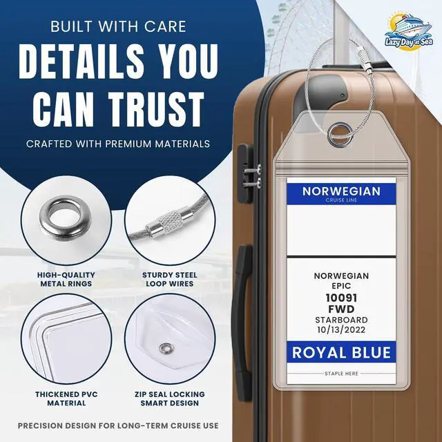 Alt view image 7 of 7 - Line Luggage Tag Holders (4 Pack) - fits NCL Print at Home Tags 2026-2027 sailings. Clear Waterproof PVC with Steel Loop Fasteners. Cruise Essentials