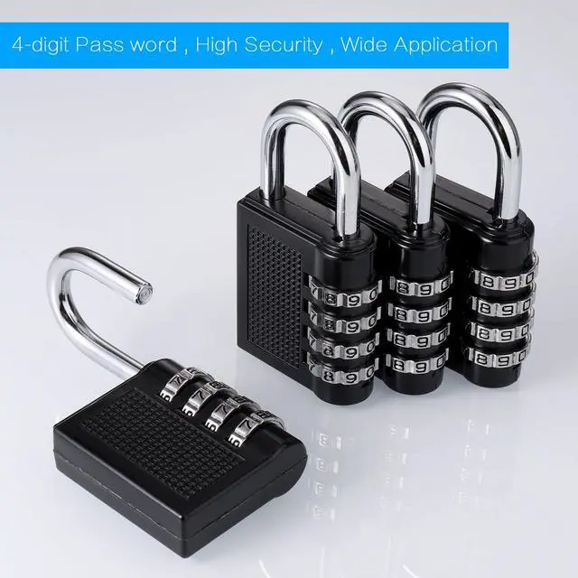 Alt view image 4 of 7 - 4 Pack 4 Digit Combination Lock, Black Waterproof Padlock