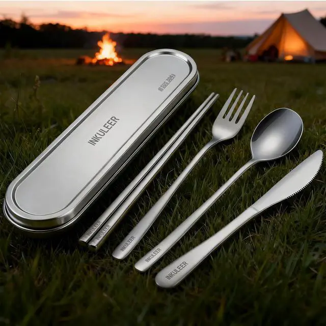 Alt view image 2 of 7 - Travel Cutlery Set - 18/8 Stainless Steel Reusable Utensils with Metal Case, Portable Silverware for Camping, Office, Travel & Outdoor Dining