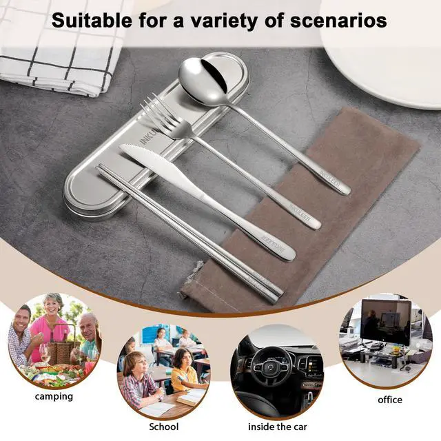 Alt view image 6 of 7 - Travel Cutlery Set - 18/8 Stainless Steel Reusable Utensils with Metal Case, Portable Silverware for Camping, Office, Travel & Outdoor Dining