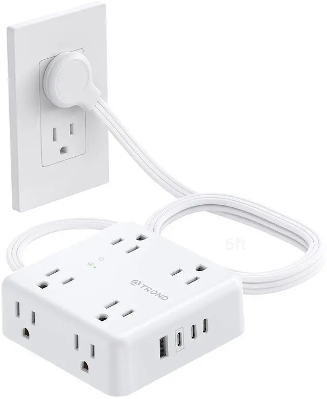 Main image of Surge Protector Power Strip, 5ft Flat Plug Extension Cord, White