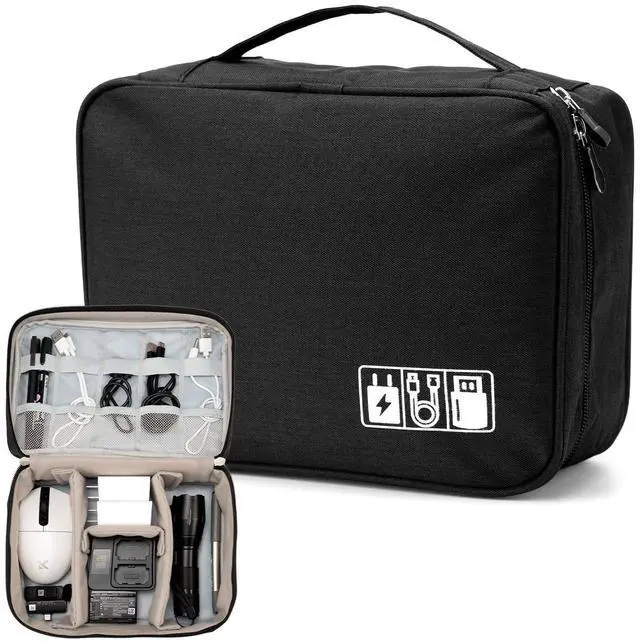 Main image of Cable Organizer Bag, Electronic Accessories Travel Case, Waterproof Double Layer Storage Bag for Charger, Cord, Phone, Earphone, Portable Carry Pouch for Travel & Daily Use (Black)