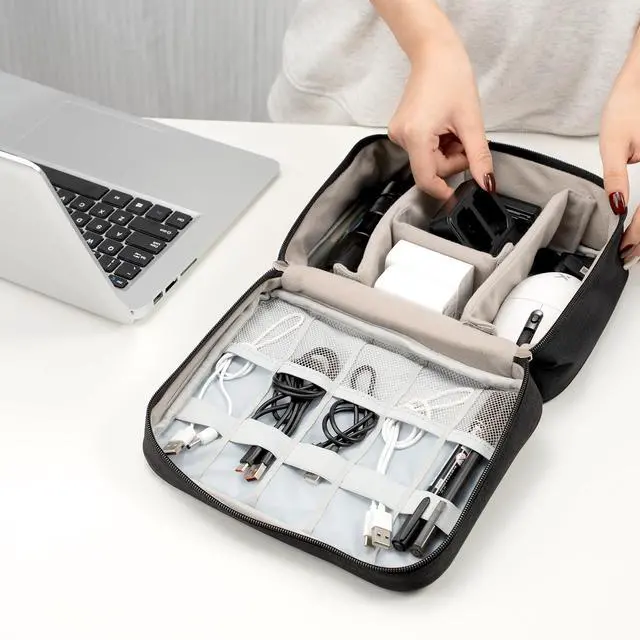 Alt view image 4 of 7 - Cable Organizer Bag, Electronic Accessories Travel Case, Waterproof Double Layer Storage Bag for Charger, Cord, Phone, Earphone, Portable Carry Pouch for Travel & Daily Use (Black)