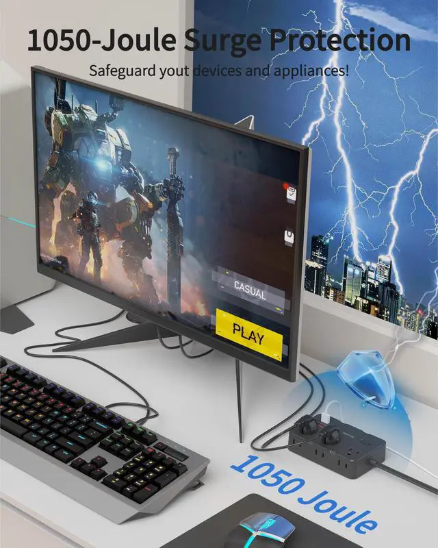 Alt view image 3 of 7 - 3 FT Power Strip Surge Protector with 6 Outlets 4 USB Ports (2 USB C)