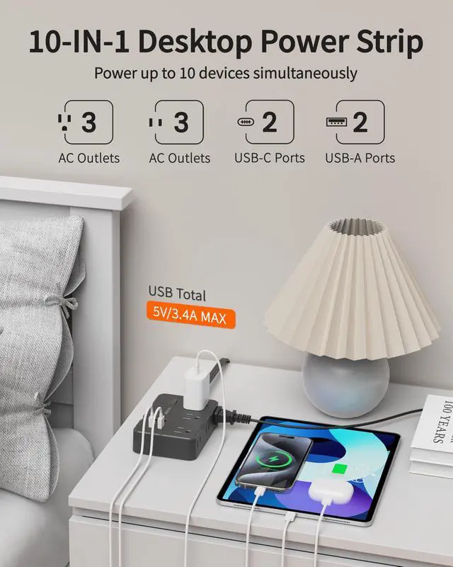 Alt view image 2 of 7 - 3 FT Power Strip Surge Protector with 6 Outlets 4 USB Ports (2 USB C)