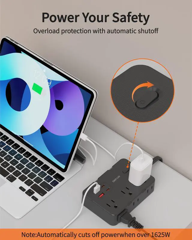 Alt view image 6 of 7 - 3 FT Power Strip Surge Protector with 6 Outlets 4 USB Ports (2 USB C)