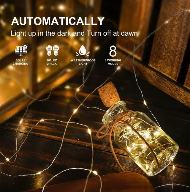 Alt view image 6 of 7 - 2 Pack Total 66 FT 200 LED Solar Copper String Lights,Warm White