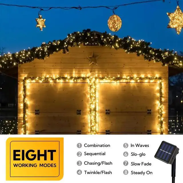 Alt view image 5 of 7 - 2 Pack Solar String Lights Outdoor, Total 200 LED Each 40Ft with 8 Lighting Modes for Yard, Fence,Balcony, Party,Christmas Tree Decorations (Warm White)