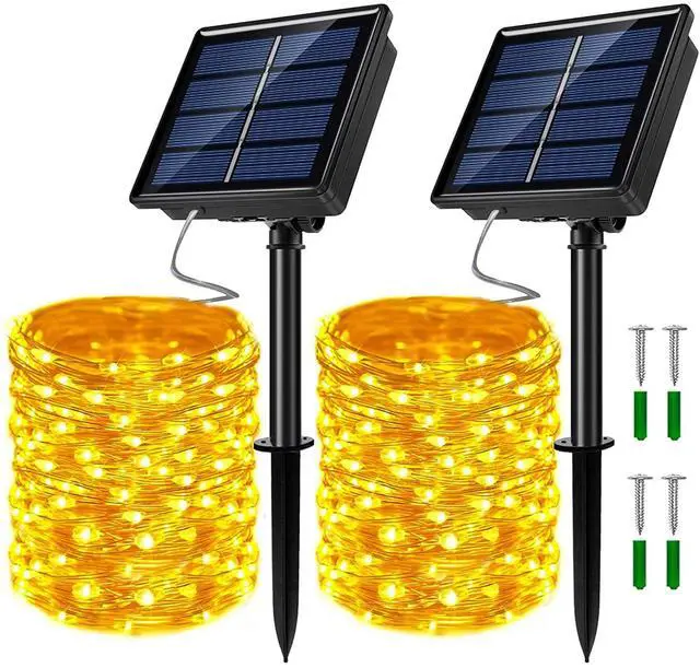 Main image of 2 Pack Solar Powered Fairy String Lights Outdoor Waterproof 8 Modes Twinkle Christmas Decorations Lights, Each 33ft-100LED, 40ft-120LED, 66ft-200LED, 80ft-240LED, (Warm White, 33)