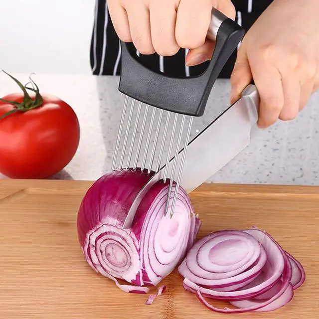 Alt view image 3 of 7 - Stainless Steel Onion Holder Fruits Veg Meat Tomato Cutter Slicer Peeler Chopper,Stainless Steel Cutting Kitchen Gadget
