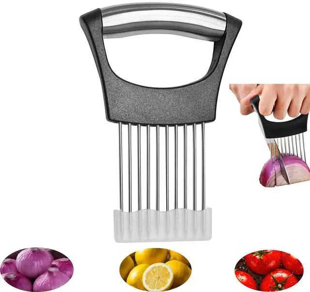 Main image of Onion slicer, lemon slicer, stainless steel onion cutter for slicing potatoes, onions, tomatoes, eggs, fruits, vegetables and meat, with protective cover (1)