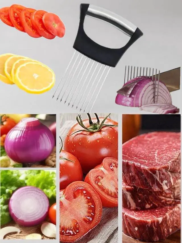 Alt view image 4 of 4 - Onion slicer, lemon slicer, stainless steel onion cutter for slicing potatoes, onions, tomatoes, eggs, fruits, vegetables and meat, with protective cover (1)