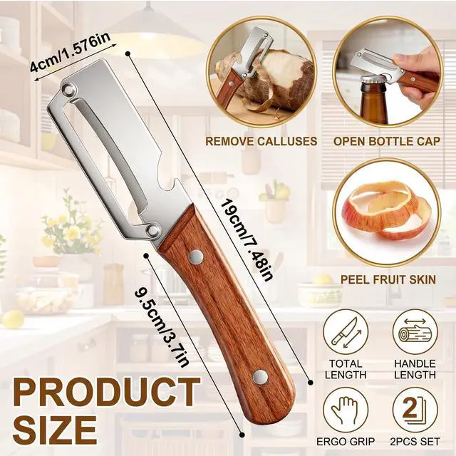 Alt view image 2 of 6 - 2 Pcs Multi-Functional Vegetable Peeler For Kitchen,Fruit Peeler,Potato Peeler,Stainless Steel Blade,With Wooden Handle And Bottle Opener, Kitchen Peeling Tool For Fruits Potatoes Apples Carrots