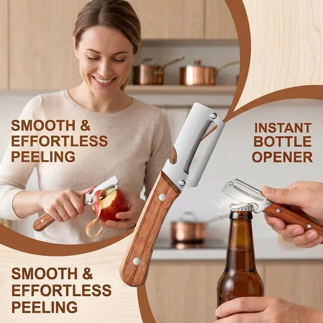 Alt view image 3 of 6 - 2 Pcs Multi-Functional Vegetable Peeler For Kitchen,Fruit Peeler,Potato Peeler,Stainless Steel Blade,With Wooden Handle And Bottle Opener, Kitchen Peeling Tool For Fruits Potatoes Apples Carrots