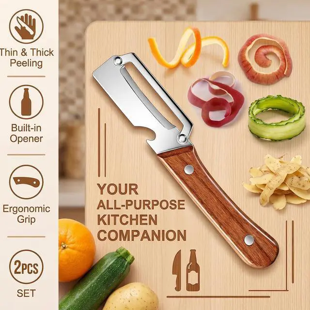 Alt view image 5 of 6 - 2 Pcs Multi-Functional Vegetable Peeler For Kitchen,Fruit Peeler,Potato Peeler,Stainless Steel Blade,With Wooden Handle And Bottle Opener, Kitchen Peeling Tool For Fruits Potatoes Apples Carrots