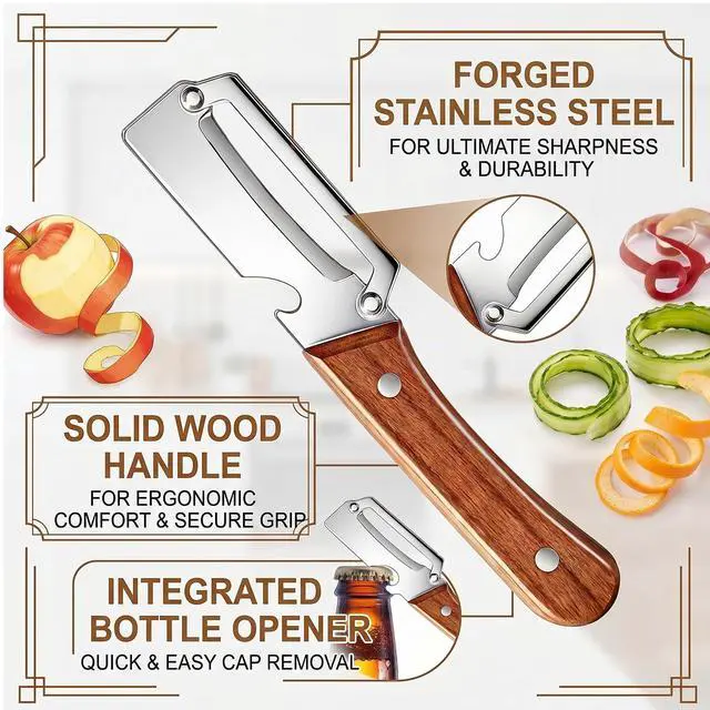 Alt view image 6 of 6 - 2 Pcs Multi-Functional Vegetable Peeler For Kitchen,Fruit Peeler,Potato Peeler,Stainless Steel Blade,With Wooden Handle And Bottle Opener, Kitchen Peeling Tool For Fruits Potatoes Apples Carrots
