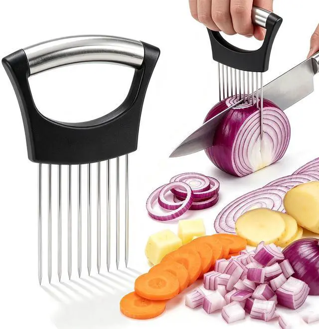 Main image of Stainless Steel Onion Holder for Slicing, Vegetable Chopper Assistant with Protective Cover, Food Holder Choppers for Tomatoes Potatoes Meat Lemon, Kitchen Gadget (Black)