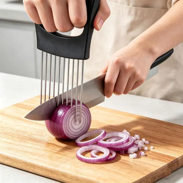 Alt view image 3 of 7 - Stainless Steel Onion Holder for Slicing, Vegetable Chopper Assistant with Protective Cover, Food Holder Choppers for Tomatoes Potatoes Meat Lemon, Kitchen Gadget (Black)