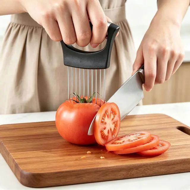 Alt view image 5 of 7 - Stainless Steel Onion Holder for Slicing, Vegetable Chopper Assistant with Protective Cover, Food Holder Choppers for Tomatoes Potatoes Meat Lemon, Kitchen Gadget (Black)
