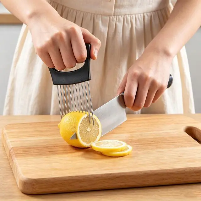 Alt view image 6 of 7 - Stainless Steel Onion Holder for Slicing, Vegetable Chopper Assistant with Protective Cover, Food Holder Choppers for Tomatoes Potatoes Meat Lemon, Kitchen Gadget (Black)