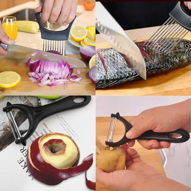 Alt view image 3 of 7 - Potato Peelers for Kitchen Stainless Steel Potato Slicing Guide with Safety Handle + Dual Blade Peeler for Easy Food Prep Perfect for Onions, Tomatoes, Potatoes, and More