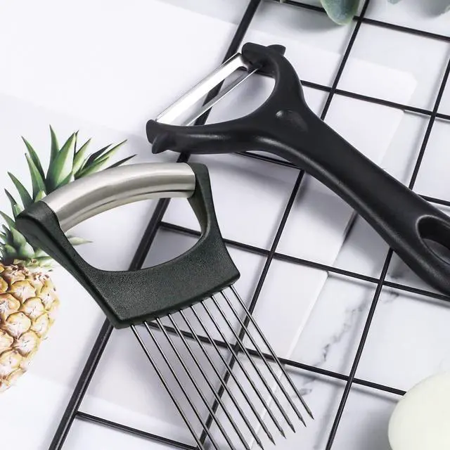 Alt view image 2 of 7 - Potato Peelers for Kitchen Stainless Steel Potato Slicing Guide with Safety Handle + Dual Blade Peeler for Easy Food Prep Perfect for Onions, Tomatoes, Potatoes, and More