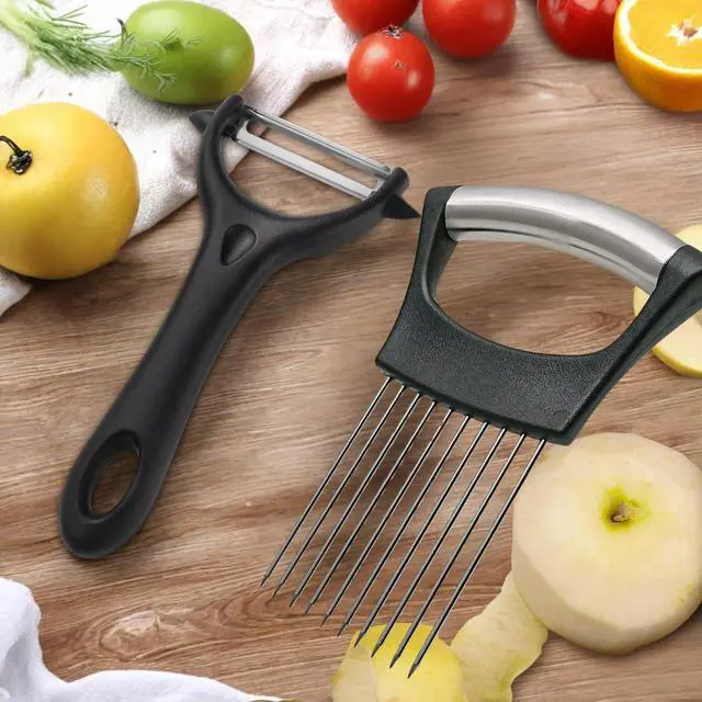 Alt view image 7 of 7 - Potato Peelers for Kitchen Stainless Steel Potato Slicing Guide with Safety Handle + Dual Blade Peeler for Easy Food Prep Perfect for Onions, Tomatoes, Potatoes, and More