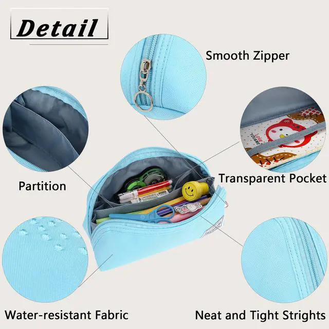 Alt view image 4 of 4 - Pencil Case,Large Opening Pencil Pouch,Zipper Closure,Portable Stationery Organizer pencil bag,Office Travel Multi-Purpose Bag (Blue)