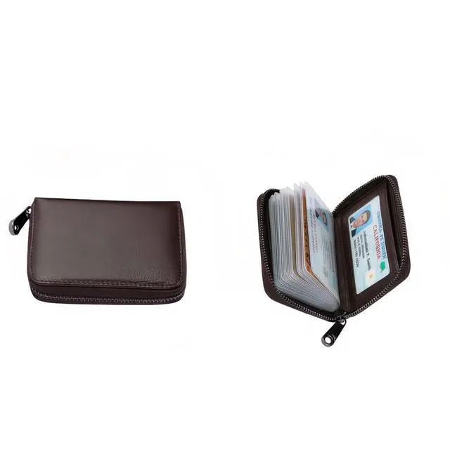 Main image of Genuine Leather Credit Card Holder, Wallet Case, Bank Card Case, RFID Blocking Secure Card Case, ID Case, Organizer Zipper Wallet 1 Pcs - Coffee
