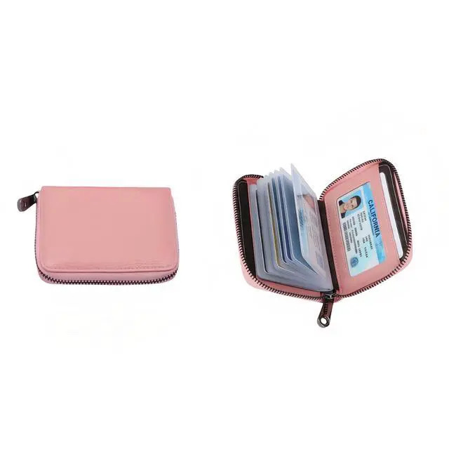 Main image of Genuine Leather Credit Card Holder, Wallet Case, Bank Card Case, RFID Blocking Secure Card Case, ID Case, Organizer Zipper Wallet 1 Pcs - Pink