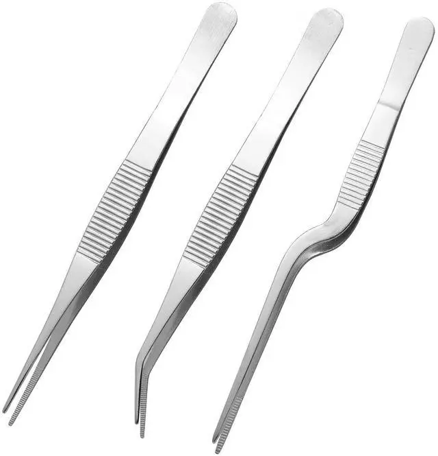 Main image of Stainless Steel Tweezers Set for Small Gardening and Kitchen, Multi-Purpose Tools Silver Tweezers (3Pcs, 6.22Inches / 6.33Inches / 6.4Inches)