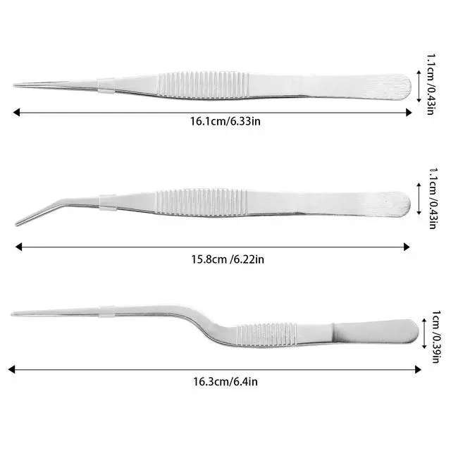Alt view image 2 of 6 - Stainless Steel Tweezers Set for Small Gardening and Kitchen, Multi-Purpose Tools Silver Tweezers (3Pcs, 6.22Inches / 6.33Inches / 6.4Inches)
