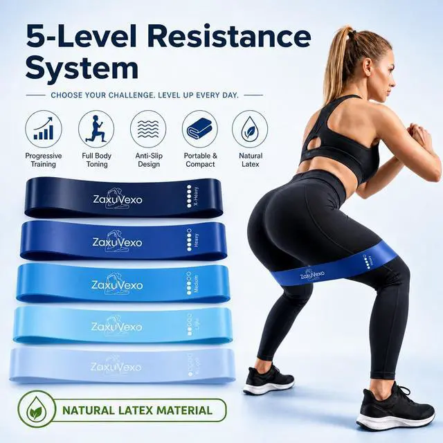 Alt view image 3 of 5 - 5-Pack Workout Resistance Bands: Elastic for Strength, Stretching, Pilates & Yoga. Home Gym Equipment for Men/Women, Suits Physical Therapy, Leg/glute/arm TrainingPractical, Multi-use. (Blue)