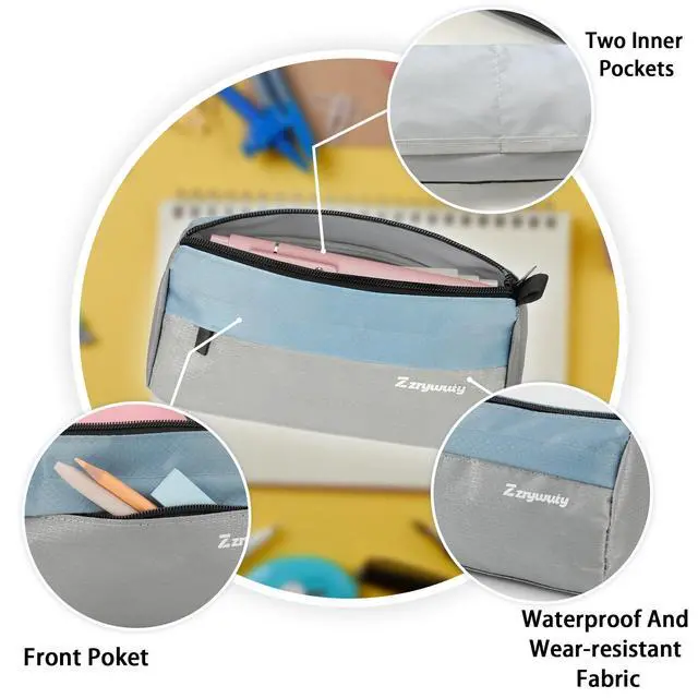Alt view image 2 of 7 - Blue/Grey 3-Pocket Pencil Pouch, Waterproof Pencil Case