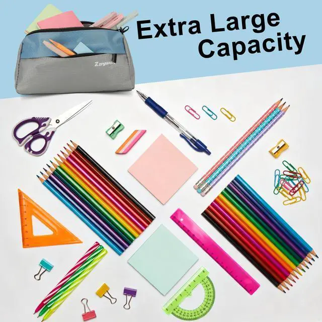 Alt view image 4 of 7 - Blue/Grey 3-Pocket Pencil Pouch, Waterproof Pencil Case