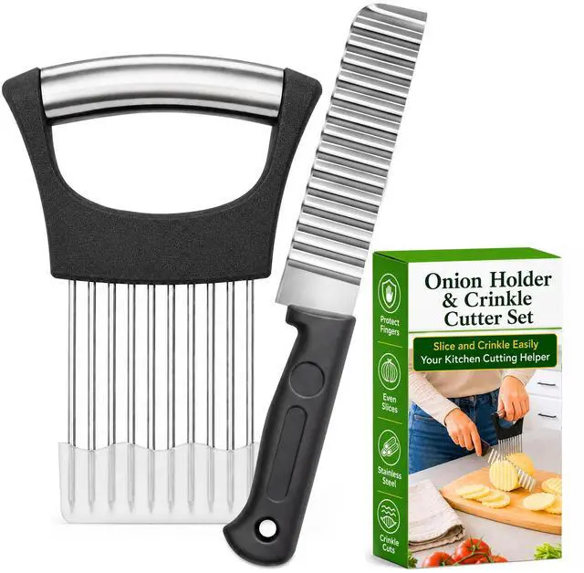 Main image of Onion Holder for Slicing & Crinkle Cutter Knife, 2 Piece Kitchen Prep Tool Set, Stainless Steel Onion Slicer Prongs, Wavy Knife, Potato Cutter for Fries, Tomato, Cucumber, Carrot