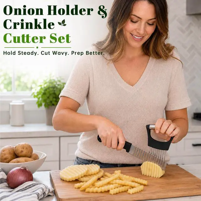 Alt view image 2 of 7 - Onion Holder for Slicing & Crinkle Cutter Knife, 2 Piece Kitchen Prep Tool Set, Stainless Steel Onion Slicer Prongs, Wavy Knife, Potato Cutter for Fries, Tomato, Cucumber, Carrot